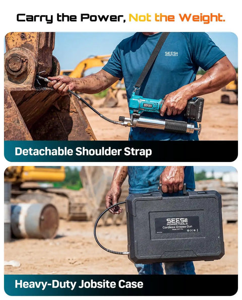 Cordless Electric Grease Gun Kit With 10000 PSI Output Quick Release Coupler 39.4 Inch Flex Hose Dual Batteries in use on equipment.