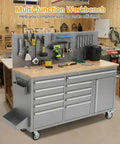 61 Inch Rolling Tool Chest With 10 Drawers And Solid Rubber Wood Top Mobile Workshop Station 1675 Lb Capacity Includes Power Strip Locking System Drawer Liners Built To Take A Beating For Garage Shop And Warehouse Repairs. mobile workbench with pegboard and tools in garage