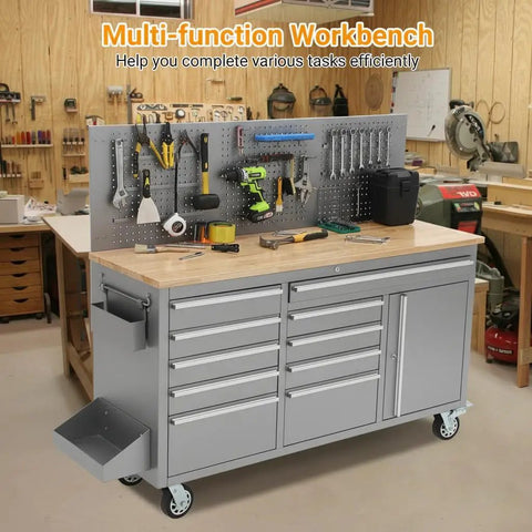 61 Inch Rolling Tool Chest With 10 Drawers And Solid Rubber Wood Top Mobile Workshop Station 1675 Lb Capacity Includes Power Strip Locking System Drawer Liners Built To Take A Beating For Garage Shop And Warehouse Repairs. mobile workbench with pegboard and tools in garage