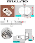 Installation diagram of 2Pack 90 Degree Hidden Flush Mount Hinges for 90 Degree Opening, dimensions and components shown.