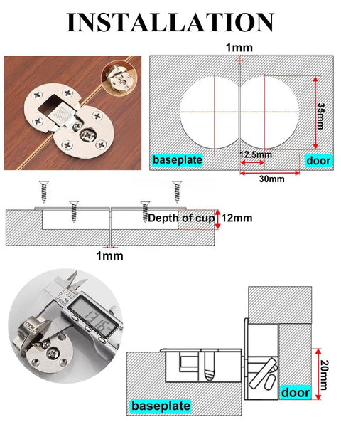 Installation guide for Four Pack Heavy Duty Concealed Hinges Sleek Flush Mount Setup showing baseplate and door measurements.