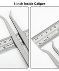 Two 8-inch carbon steel outside divider calipers with curved jaws beside a ruler for woodturning measurements