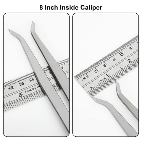 Two 8-inch carbon steel outside divider calipers with curved jaws beside a ruler for woodturning measurements
