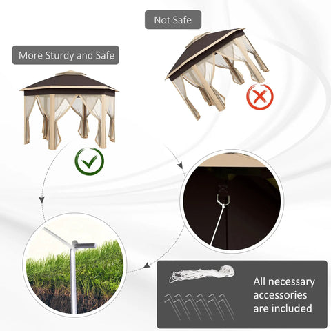 Comparison of Easy Up 13 By 13 Pop Up Gazebo With Zippered Mesh Sides, showing setup stability with steel frame accessory close-ups.