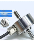Mini Load Cell Double Bolt Force Sensor For Tension And Compression close-up, stainless steel, showing precision features, 10kg, 50kg, 100kg capacities.