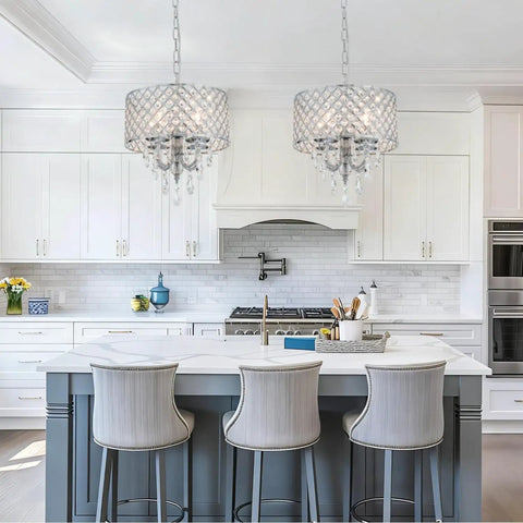 Modern Crystal Pendant Light With Drum Shade In Chrome 4 Light Chandelier hanging in kitchen over island