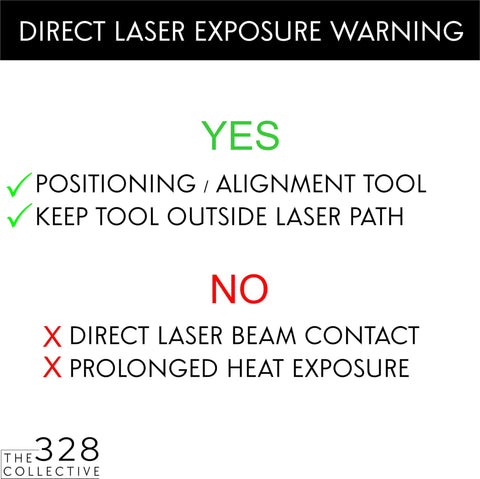 Direct Laser Exposure Warning sign with safe positioning guidelines for Bombproof Galvo Laser Fence Kit 8 Piece Alignment Fixture.