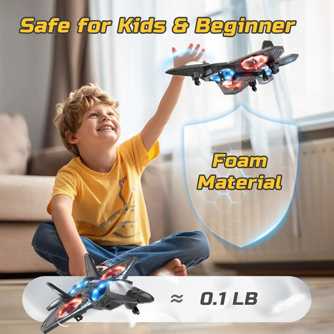 Child playing with Kids Foam RC Plane With LED Lights Remote Control Helicopter Toy Fighter Jet Auto Hover 360 Flip Easy To Fly For Beginners