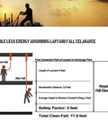 Worker using Double Leg 6 Foot Fall Protection Lanyard With Internal Shock Absorber; diagram of safety clearance and fall distance.