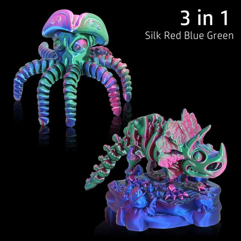 Tri Color 1.75mm PLA Filament Silk Rainbow Dope Multicolor 3D printed models, octopus and dinosaur, coextruded red green blue