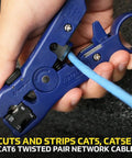 Hand using Universal Cutter And Wire Stripper For Flat Or Round TV And Network Cables Cat5 Cat5e Cat6 RG6 USA Made.