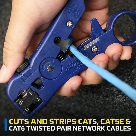 Hand using Universal Cutter And Wire Stripper For Flat Or Round TV And Network Cables Cat5 Cat5e Cat6 RG6 USA Made.