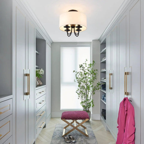 Dope Semi Flush Mount Ceiling Light Fixture With Off White Fabric Drum Shade Matte Black Canopy in modern wardrobe