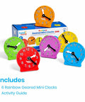 Awesome Set Of Six Rainbow Geared Mini Learning Clocks For Kids with color-coded movable hands and activity guide box visible