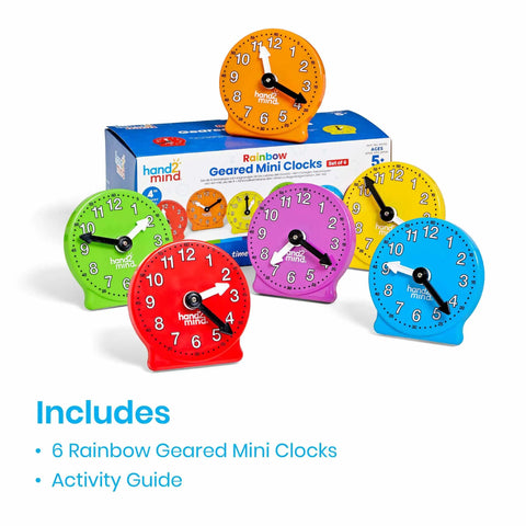 Awesome Set Of Six Rainbow Geared Mini Learning Clocks For Kids with color-coded movable hands and activity guide box visible