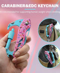 Close-up of Six In One Carabiner Multitool With Folding Knife And Bottle Opener Glass Breaker Phillips and Flathead Screwdrivers EDC Survival Gear for Camping And Hiking Everyday Carry Gift For Him Or Her Donut 2 attached to keychains