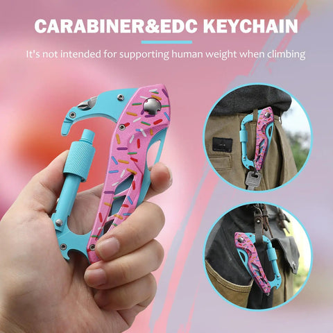 Close-up of Six In One Carabiner Multitool With Folding Knife And Bottle Opener Glass Breaker Phillips and Flathead Screwdrivers EDC Survival Gear for Camping And Hiking Everyday Carry Gift For Him Or Her Donut 2 attached to keychains