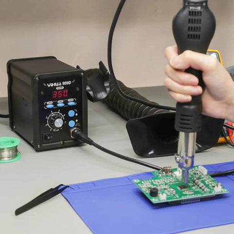 Pro Grade Digital Hot Air Rework Station With Fast Heat, 3 Memory Presets tool soldering PCB on workbench