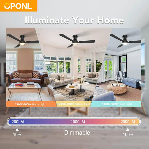 42 Inch Black Ceiling Fan With Light And Remote Control Noiseless Reversible Motor 6CCT Dimmable Timable Flush Mount in room settings