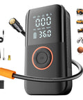 Cordless Car Tire Pump With 150 PSI, Dual Power 12V DC and 5400mAh Battery, shown with accessories and display screen