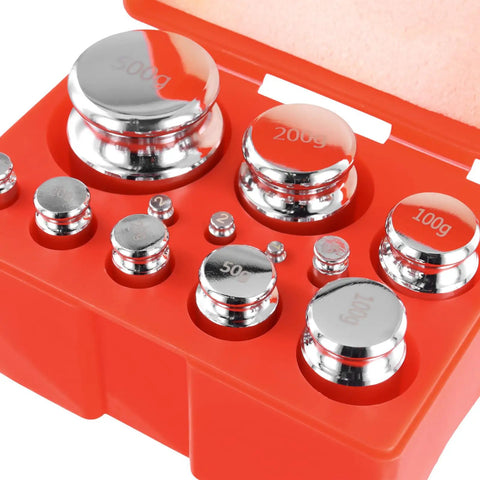 12 Piece Calibration Weights Set With Tweezers And Storage Box Pro Grade High Precision Steel Weights For Digital Scales Including 1g 2g 5g 10g 20g 50g 100g 200g 500g M1 Chrome Plated in open red box