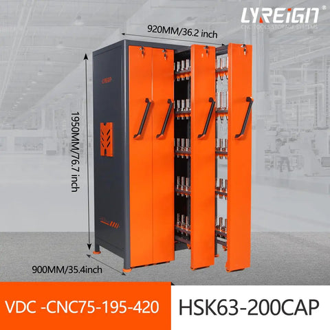 Heavy Duty CNC Tool Storage Cabinet With Vertical Drawers And Tool Holder Rack For Machining Centers And Warehouses SPCC Steel Two Millimeter Construction Waterproof And Scratch Resistant ABS Cushioned Tool Holders Model HSK63 200CAP, shown from the front with measurements.