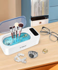 47000Hz Ultrasonic Jewelry Cleaning Machine For Rings Glasses Dentures And Watch Straps In A 304 Stainless Steel Tank on desk