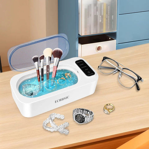 47000Hz Ultrasonic Jewelry Cleaning Machine For Rings Glasses Dentures And Watch Straps In A 304 Stainless Steel Tank on desk