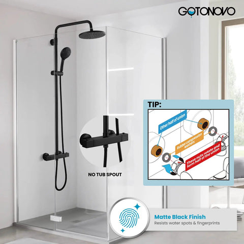 Thermostatic Shower System With 8 Inch Round Shower Head Exposed Shower Faucet Wall Mount Height Adjustable Slide Bar ABS Handheld Sprayer No Tub Spout Polished Chrome displayed in bathroom setting.