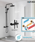 Thermostatic Shower System With 8 Inch Round Shower Head Exposed Faucet Wall Mount And Height Adjustable Slide Bar ABS Handheld Sprayer Without Tub Spout Matte Black Anti Scald Temperature Control Built To Last Brass And Stainless Build installed in a modern bathroom with matte black finish.