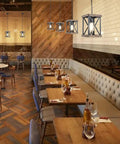 Rustic Farmhouse Pendant Light With Adjustable Metal And Wood Chandelier Fixture in dining room setting with wood decor