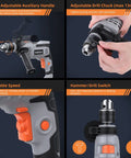 Beefy 7 Amp Hammer Drill Corded 1/2 Inch Chuck 3000 RPM Variable Speed With 10 Drill Bits showing features and controls