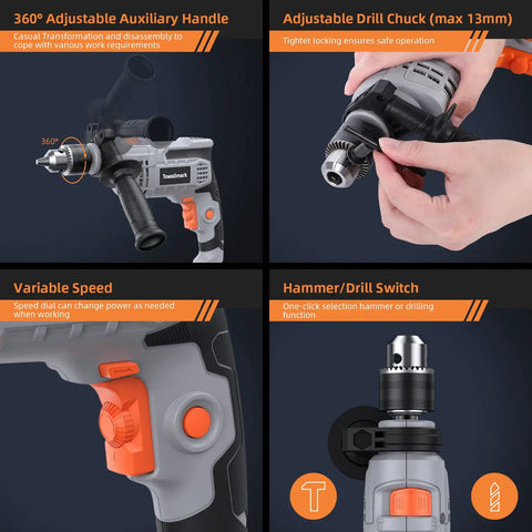 Beefy 7 Amp Hammer Drill Corded 1/2 Inch Chuck 3000 RPM Variable Speed With 10 Drill Bits showing features and controls