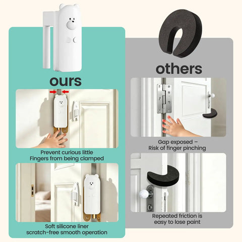 Cute Bear Door Pinch Guard Kit With Silencer Cushions comparing features and benefits for baby proofing doors.