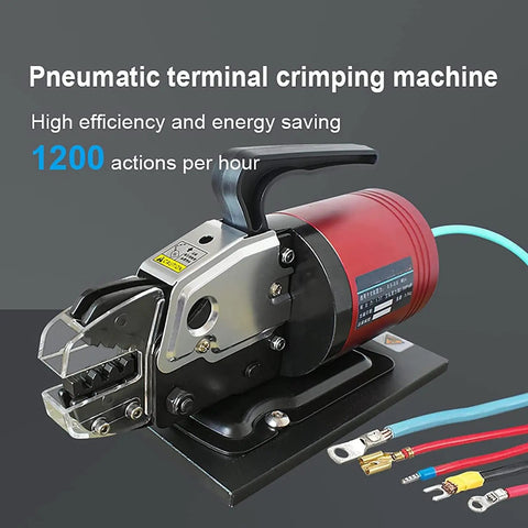Top Tier Semi Automatic Pneumatic Terminal Crimper With 1.3 Ton Force And 0.6-0.8 Mpa Air Pressure showing tool details and cable terminals.