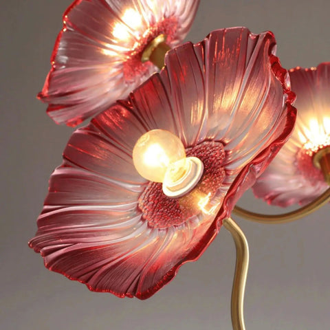HLRCB Indoor Pendant Light, 21.7", detailed view of artistic red glass floral shade with light bulb.