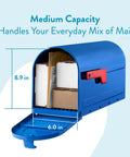 Medium capacity blue mailbox open showing mail, blue medium post mounted outdoor mailbox weatherproof and rust resistant galvanized steel