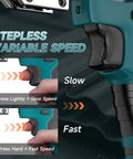 Close-up of Beast Mode Cordless Sheet Metal Cutter's variable speed control showing slow and fast settings