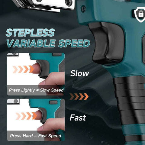 Close-up of Beast Mode Cordless Sheet Metal Cutter's variable speed control showing slow and fast settings