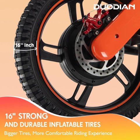 Kids Electric Bike With 350W Motor 36V 7.8Ah Battery Zippy Up To 15.5 MPH, 15 Mile Range, 16 Inch Pneumatic Tires, Off Road Balance Bike For Ages 6 And Up, Youth All Terrain Electric Bicycle 16-inch wheel close-up
