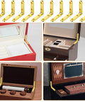 Gold Zinc Alloy Jewelry Box Hinges Set, 10 Pcs 90 Degree Small Hinges with 40 Screws shown on various jewelry boxes