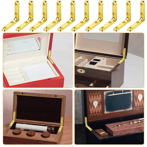 Gold Zinc Alloy Jewelry Box Hinges Set, 10 Pcs 90 Degree Small Hinges with 40 Screws shown on various jewelry boxes