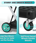 Heavy Duty Foldable Grocery Cart With 2 Storage Crates, 350 Lb Capacity, close-up of wheels showing stability and swivel features