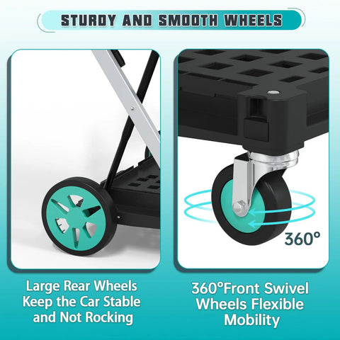 Heavy Duty Foldable Grocery Cart With 2 Storage Crates, 350 Lb Capacity, close-up of wheels showing stability and swivel features
