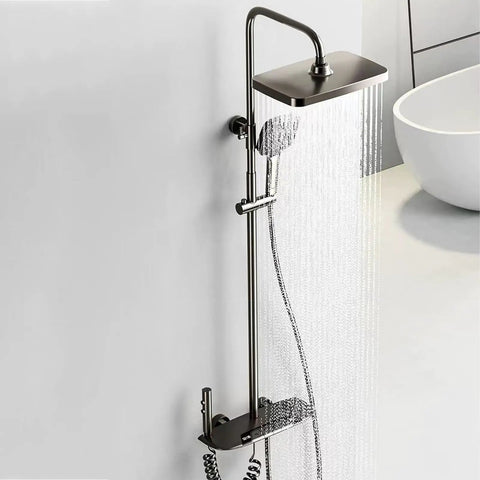 CUTPOIY Thermostatic Shower System, Shower Faucet Set LED Display Rain Shower System with adjustable height, gray design.