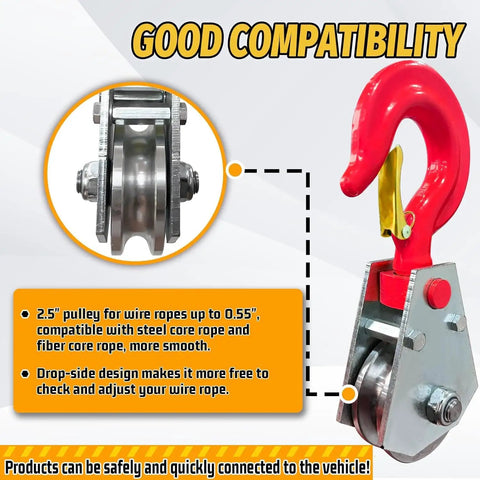 Heavy Duty Snatch Block With Hook For 1/2 To 5/8 Inch Wire Rope 3 Ton Winch Pulley For Tow Trucks Rollback Haulers Durable Galvanized Steel Rigging Accessory For Safer Lifts, red hook