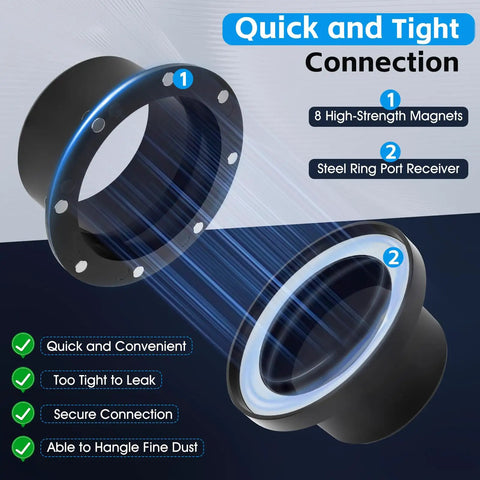 Heavy Duty 4 Inch Magnetic Dust Collection Fittings For Shop Vacuums And Woodworking Shops showing strong magnets and steel ring port receiver.