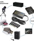 18V Universal AC Power Charger With 7 Tip Adapters, 2.69A Peak Output surrounded by various compatible devices