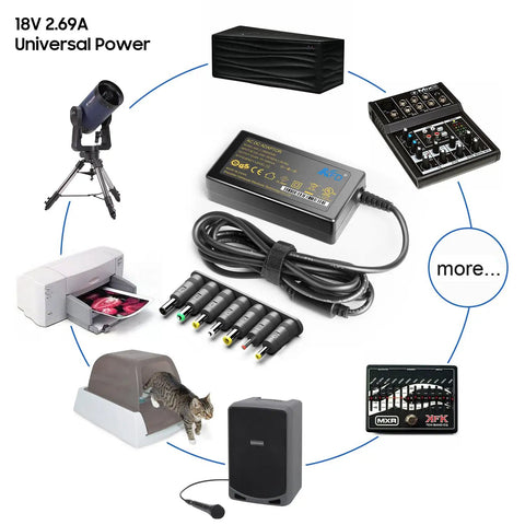18V Universal AC Power Charger With 7 Tip Adapters, 2.69A Peak Output surrounded by various compatible devices