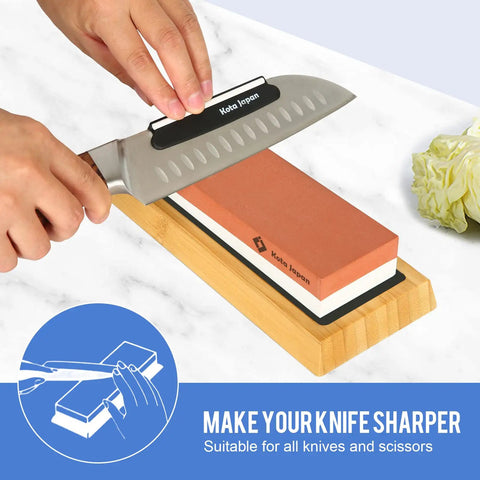 Dual Grit Knife Sharpening Whetstone with Bamboo Base and Blade Guide, showing 1000 grit coarse side, in use for sharpening